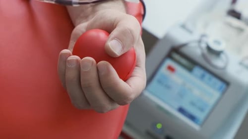 Close Up of Hand Gripping Red Stress Ball. Blood Donation Procedure. Blood Transfusion Station