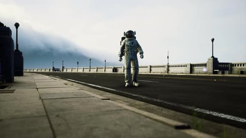 Astronaut in Space Suit on the Road Bridge