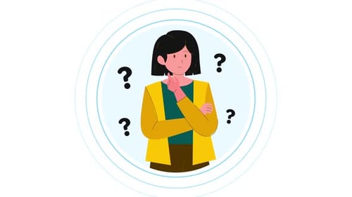 Flat Design Animated Woman Thinking with Question Marks