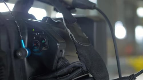 Video Camera with Microphone and Earphones in Studio