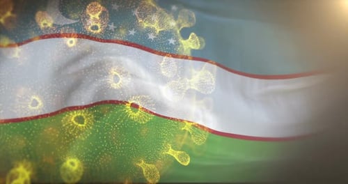 Uzbekistan Flag Waving with Glowing Virus Particles Animation