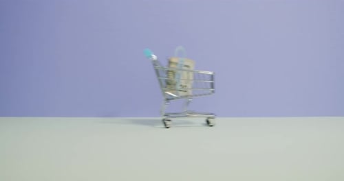 Shopping Cart with Money on Purple Background