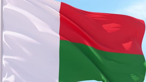 Flag of Madagascar Waving in the Wind Against Blue Sky
