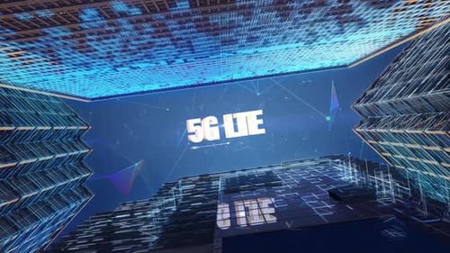Futuristic 5G LTE Text Reveal in Modern Cityscape