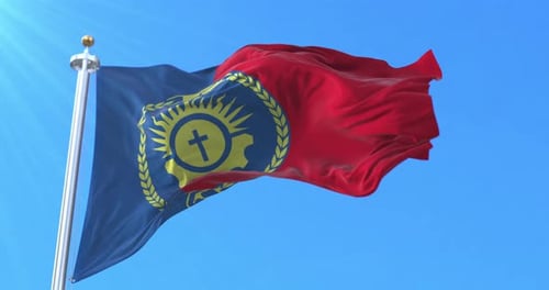 Realistic Waving Flag with Christian Emblem on Blue and Red Background