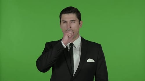 Sick Young Businessman Having Coughing Chroma Key