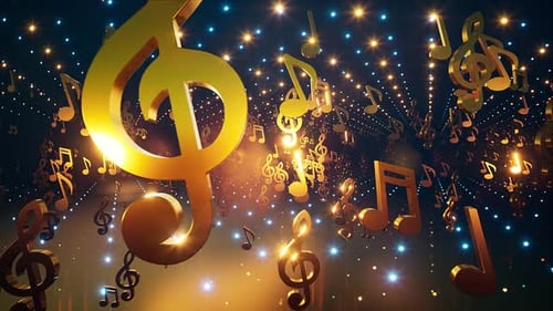Animated Golden Music Notes with Sparkling Lights Background