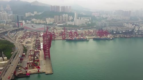 Aerial top view of container cargo ship in the export and import business and logistics