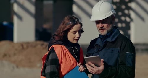 Konzentrierte Ingenieure diskutieren über Prüfung und Entwicklung auf der Baustelle