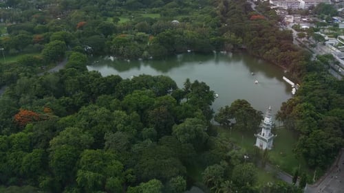 Green Park in Metropolitan City. Drone View of Green Trees of Lumphini Park Near Road and High Rise
