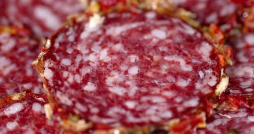 Slices of Delicious Salami Slowly Rotate