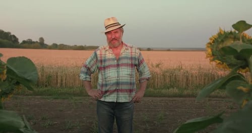 Portrait of Handsome Senior Farmer in Hat Smiling at Camera in Sunny Field