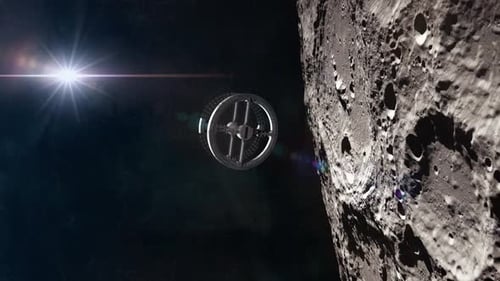 Rotierende Raumstation im Orbit um den Mond
