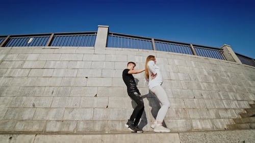 Romantic outdoor lovers. Happy couple dancing on street outdoor
