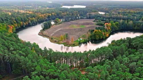 Winding river and autumn forest, aerial view
