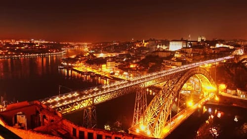 Porto Illuminated at Night. Portugal 4k