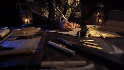 Mysterious Figure Writing with Quill Pen by Candlelight