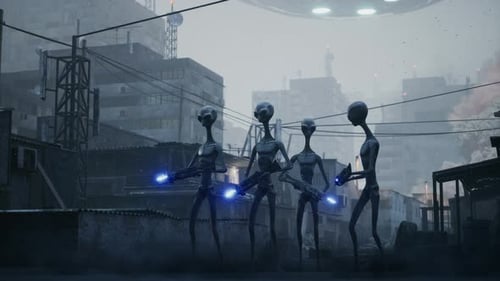 Alien Invasion in Dystopian City with Sci-Fi Weapons and UFO