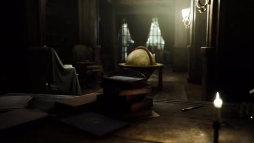 Dramatic Pan into Dark Vintage Study with Globe