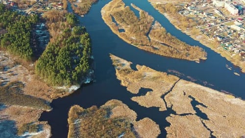 Aerial View Curved River In Early Spring Landscape