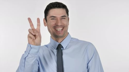 Man Making Peace Sign and Smiling