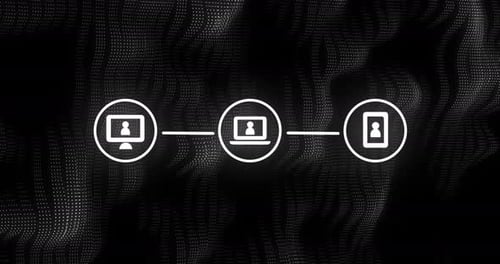 Animation of three white digital computer interface icons on mesh black background