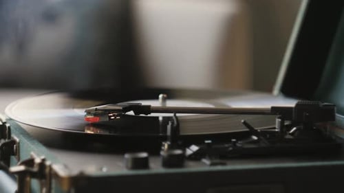 Record Playing on Vintage Turntable Close Up