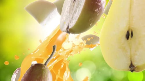 Pear with Slices Falling on Garden Background