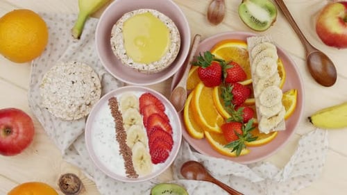 Overhead View of Fruit and Rice Cakes for Breakfast