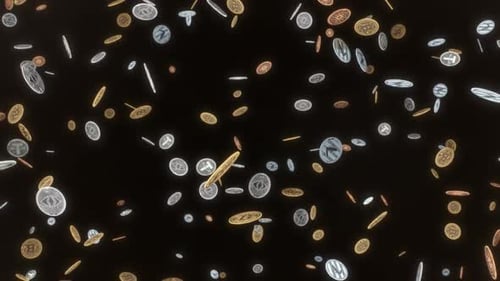 Bitcoin Cryptocurrency Market Crash 3D Falling Coins in Slow Motion