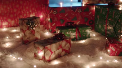 close up of christmas gifts under the tree