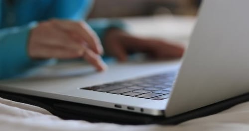 Female Hands Touching Laptop Touchpad, Surfing Internet at Home, Freelance Work