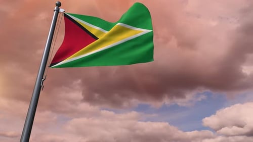 Realistic Guyana Flag Waving Against a Cloudy Sky