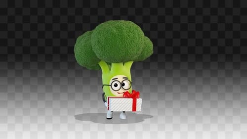 Cute 3D Broccoli Character Walking with Gift Box
