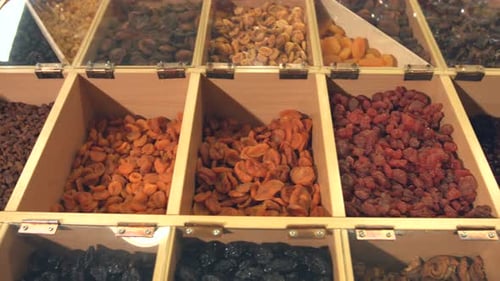 Dried Fruit Display in Wooden Bins