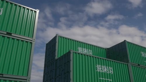 Container Terminal Full of Containers with Flag of Saudi Arabia