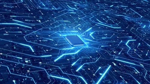 Digital Circuit Board with Flowing Blue Data and Central Processor