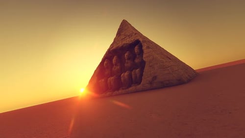 Ancient Desert Pyramid with Sunset and Sculptures