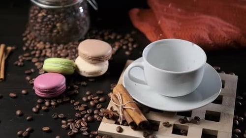 Coffee Beans and Colorful Macarons Still Life