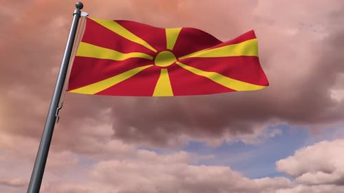Realistic North Macedonia Flag Waving in Cloudy Sky