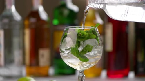 Drink Being Prepared with Clear Liquid and Mint