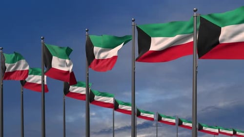 Waving Kuwait Flags with Blue Sky and Clouds Background