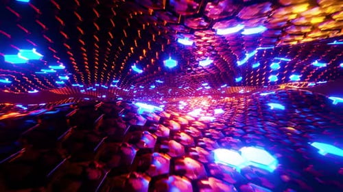 Flying through a tunnel with waves and neon light. Infinitely looped animation.