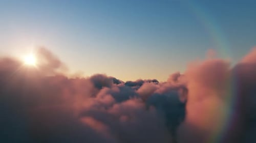 Hermoso vuelo realista sobre exuberantes nubes Cumulus al atardecer