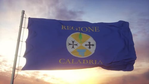Calabria Region Flag Waving Against Sunset Sky