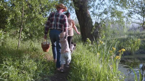 Family Walks Together in Rural Green Nature