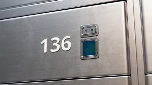 Lockers for pupils at the school hallway. Smart locks with biometrics sensor.