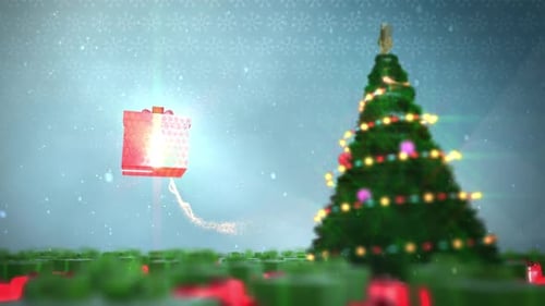 Animated Christmas Tree with Gifts and Sparkling Text Reveal
