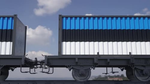 Estonia Flag on Shipping Containers Moving on Train Track