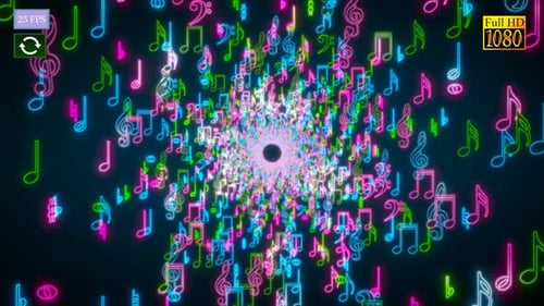 Vibrant Neon Musical Notes Tunnel Loop Background
